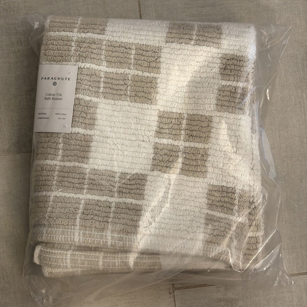 Parachute Cotton Tile Bath Runner Cove Beige 24x62 Rug 100% Cotton NEW Parchment